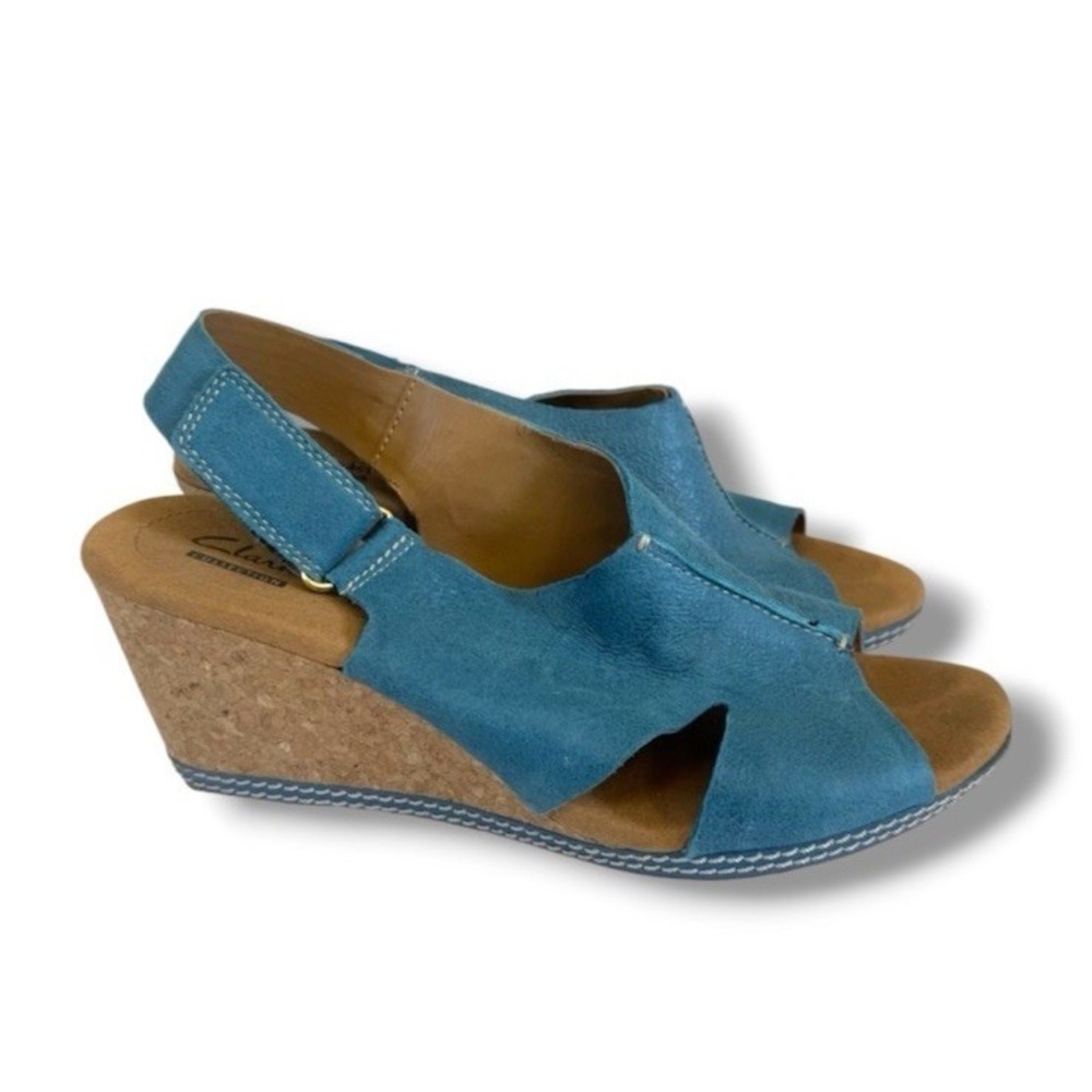 Collection By Clarks Turquoise Blue Leather Cork Wedge Sandal Shoe Size 9.5 M